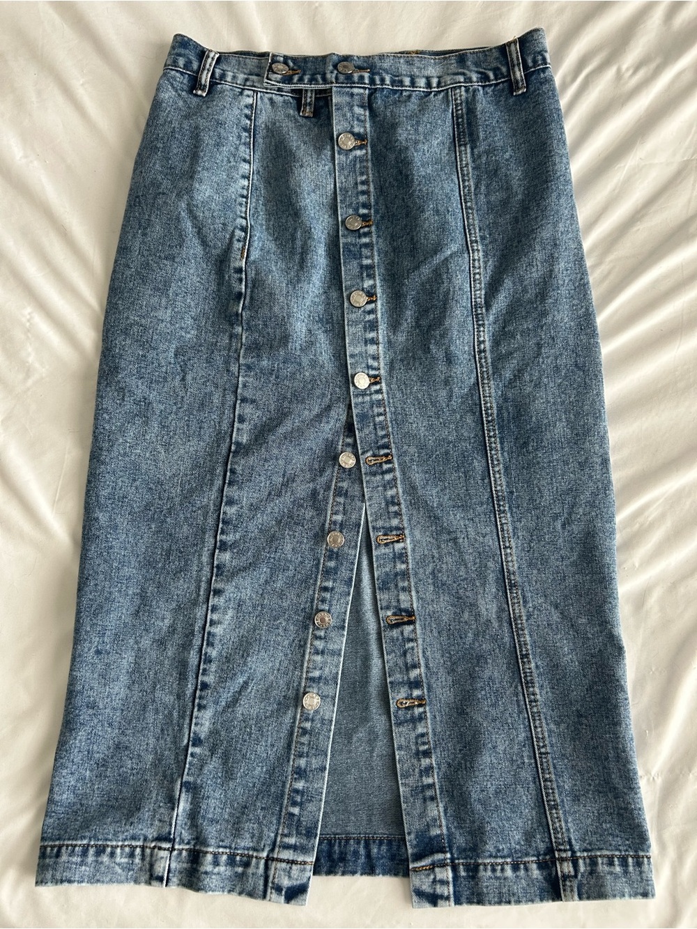 Blue Denim Button-Front Midi Skirt
